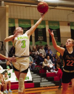 Maywood-Hayes Center’s Reagan Stengel skies for a rebound.