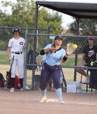 SVA’s Mikah Schultz gets a putout at first.