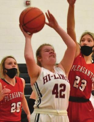 Hi-Line’s Gracie Gibbens attempts a baseline jumper.
