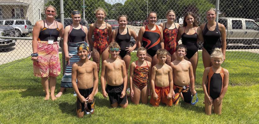 Qualifiers for the Championship meet held in Lexington on Saturday, July 19th were Back row (l-r) Leah Downer, Jersie Groshong, Peyton Soucie, Colbie Houghtelling, Callie Albers, Halle Downer, Kenley Springer, Kyrie Houghtelling. Front row (l-r) Russell Stritt, Cooper Trumble, Lauren Holtze, Timbur Trumble, Conley Albers, Charlotte Stritt.