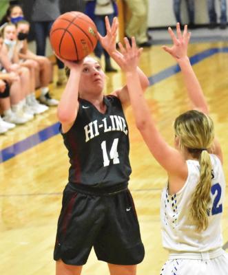 Hi-Line’s Zoey Evans pulls up for a jumpshot against South Lou at the Subdistrict Tournament last Wednesday. The Bulls saw their season end with a 53-36 loss to the Bobcats. Scoring and statistical information were not available.