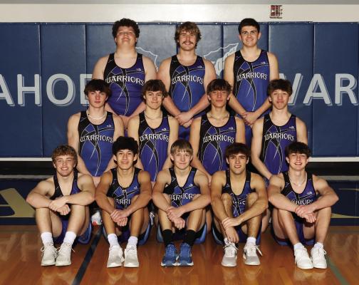 The Arapahoe Boys Track Team are: 1st row l-r: Rafe Hill, Alex Diaz, Corbin Carpenter, Carl Nordine, Grayson Koller. 2nd row l-r: Will Cacy, Kade Fisher, Hayden Sich, Taylor Jones. 3rd row l-r: Jacen Smith, Dylan Bahe, Campbell Schutz