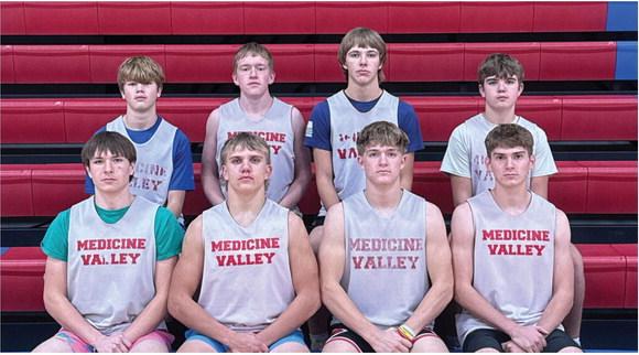 Medicine Valley Boys 2025-26 Basketball Team: Front Row (L-R): Payton Newcomb-Snyder, Lucas Einspahr, Mason Roblee and Ethan Brown Back Row (L-R): Bentley Campbell, Tyler Bantam, James Ruppert and Alex Einspahr Not Pictured: - Robby Phillips