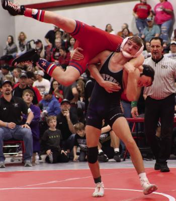 Southern Valley’s Braxton Hammond raises Clarkson/Leigh’s Morgan Brunner up onto his shoulders before completing a takedown. Hammond finished runner-up at the meet.