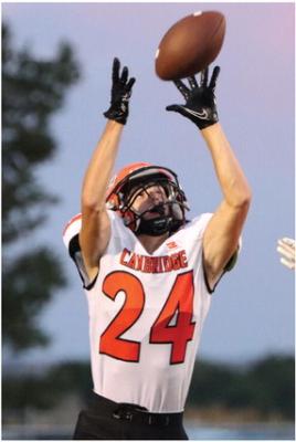 Cambridge’s Ben Hoberty (left) and Southern Valley’s Rian Grove (right) haul in receptions.