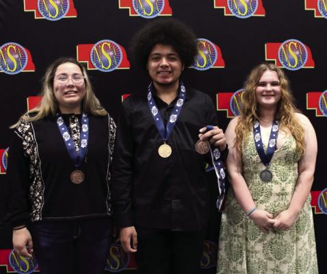 Southwest’s Shie King, pictured above center, won State Gold in Editorial Cartooning. Olivia Minary (right) was State Runner-Up in Action Photography and Maddy Tryon took seventh in Feature Photography.
