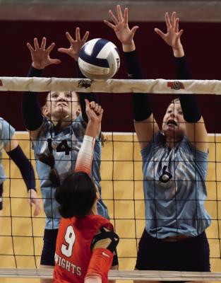 Southwest’s Atleigh Nelms and Kyra Nelms (above) stuff a tip attack while Bryn Lampe (below) shoots a set.