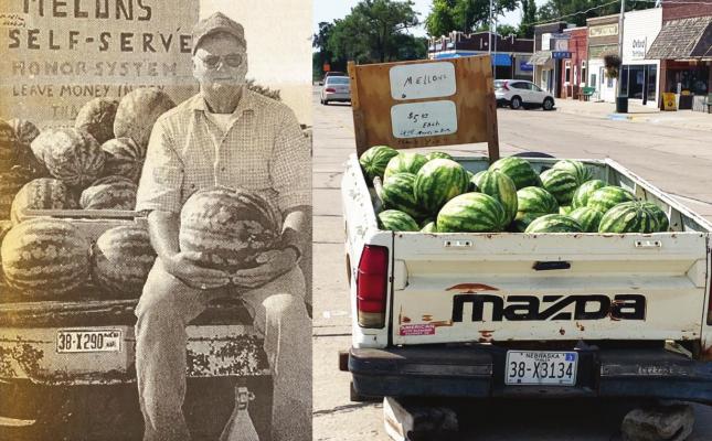 Pictured left – Tony Thulin in an Oxford Standard photo from 2001. Pictured right – Tony’s watermelons downtown Oxford on Saturday, August 21, 2021. They still sit for sale using the same honor system used twenty years ago. Thulin has said this might be his last year growing his locally famous watermelons.