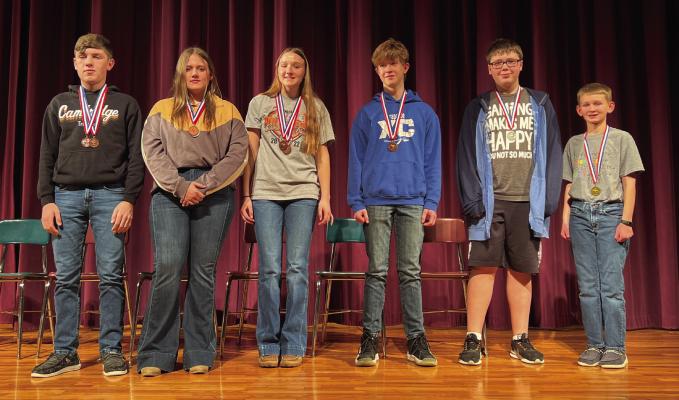 Winners from the Furnas County Spelling Bee are pictured from left: Henry Shoemaker, Cambridge; Mikah Schultz, Southern Valley; Joslyn Holtze, Cambridge; Thomas Magorian, Arapahoe; Peyton Brown, Southern Valley; Reid Huxoll, Cambridge