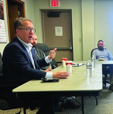 Nebraska Third District Congressman Adrian Smith, pictured in Cambridge Wednesday, met with community leaders in Elwood and Curtis on Thursday as well.
