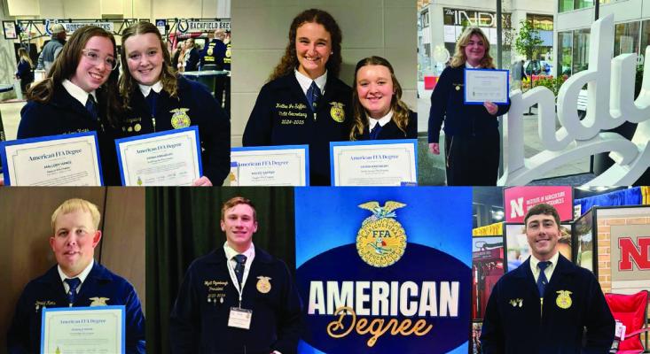 NCTA students and alumni proudly receiving their American FFA Degrees at the National FFA Convention in Indianapolis. Top row (L–R): Mallory Hanes (Haxtun, CO), Sierra Kingsbury (Smith Center, KS), KaCee Jo Saffer (Flagler, CO), Erin Tempel (Wiley, CO). Bottom row (L–R): Donald Rohr (Farnam/ Gosper County, NE), Wyatt Ozenbaugh (Ohiowa, NE),