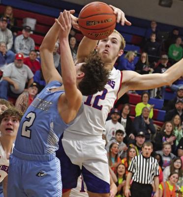 The Raiders’ Brody Senff blocks a shot (above) while Southwest’s Trenton Williams attacks pressure (below left) and Med Valley’s Ethan Brown shoots a jumper (below right).