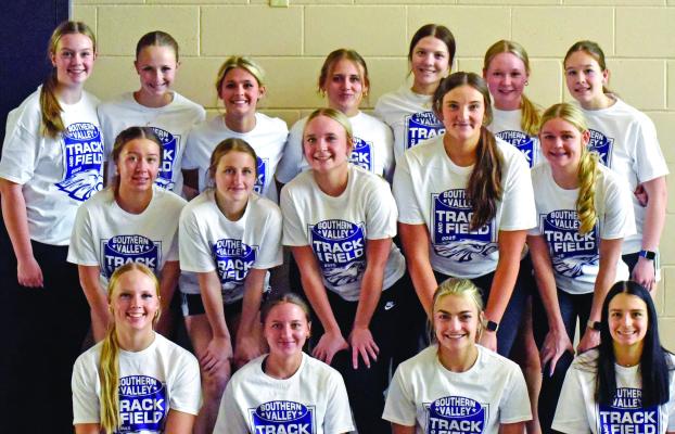 The Southern Valley Girls Track and Field Team is pictured, left to right: Front: Brynn Baily, Tayley Becker, Adi Hunt, Brecklyn Hammond Middle: Sophia Cunningham, Laney Becker, Natalee Holste, Tori Bose, Emercen Lovitt Back: Anna Hamilton, Payton Adams, Stella Minarik, Mikah Schultz, Lorelie Horwart, Ellie Weatherwax, Paisley Hammond
