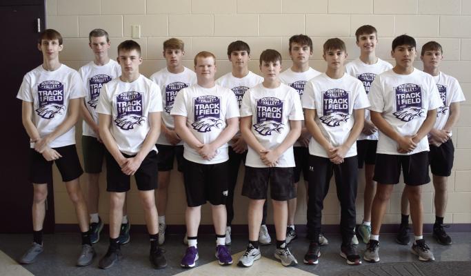 The 2024 Southern Valley Boys Track and Field Team is pictured, from left: FRONT: Trenton Shockman, Hayden Lans, Kota Batt, Sully Bantam, Chase Hamilton, and Kryaton Chesterman. BACK: Josiah Dowell, Tate Weatherwax, Sam Bantam, Gabe Grove, Isaac Hamilton, and Prestin Horwart.