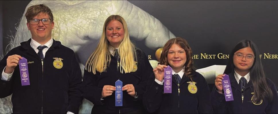 Medicine Valley FFA took part in LDE public speaking competition on Wednesday, November 20 at NCTA. Kahner placed 4th receiving a purple ribbon and is alternate to state in Senior Public Speaking. Brianna placed 4th with a purple ribbon and alternate to state in Junior Public Speaking. Brooke received a blue ribbon in Extemporaneous Speaking. Leanne placed 3rd and qualified for state competition in Natural Resources Speaking.