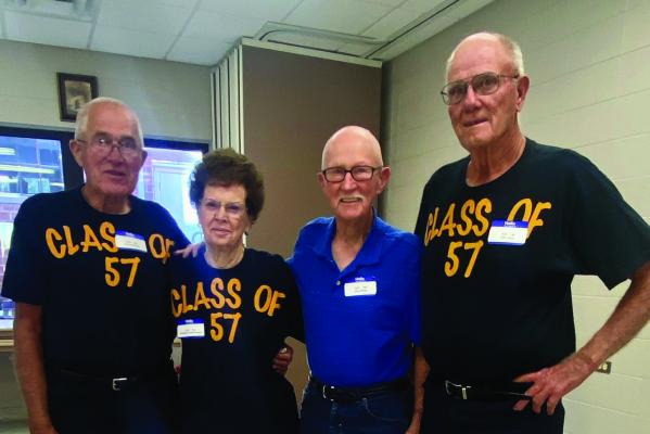 CORRECTION: Last week it was reported that Gene Leiss was in the picture when it should have read Gale. Class of 1957 (65th) L-R: Richard Rayer, Wendy Pickett Reiners, Dale Blake and Gale Liess.