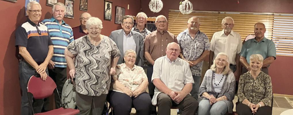 The Cambridge Class of 66 celebrated their 60th reunion recently. (Back row l-r) Mike Taylor, JIm Teter, Gary tenBensel, David Jackson, John Zebel, Dean Witte, John Urling, Larry Ommert, Ben Paisley. Front (l-r) Connie Trosper Mount, Kathy Estes Salts, Dick Standon, Ann Brooks Farr, Virginia Rupe Rauch.