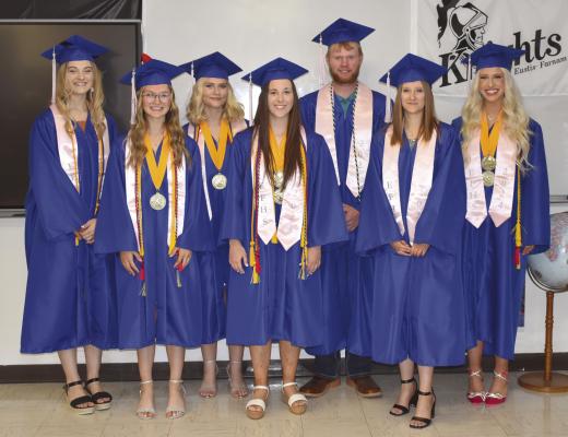 The 2024 Eustis-Farnam Senior Class graduates are (L-R) Katrina Wolf, Dallas Weitzel, Grace Schimmels, Madison Woehrle, Andrew Walker, Bridgett Nichelson, Carley Thonpson.