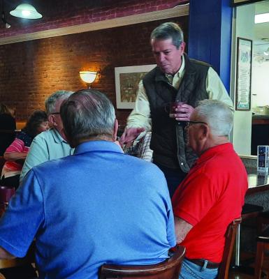Republican gubernatorial candidate Jim Pillen meets with potential voters in McCook Monday.
