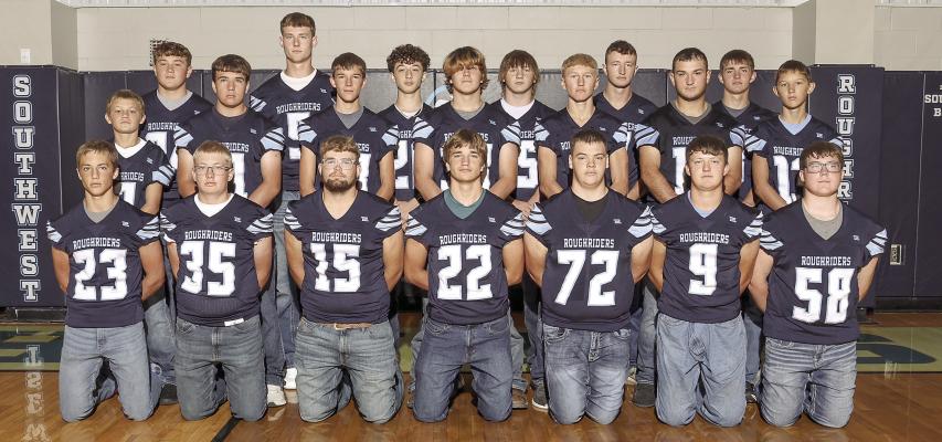 The Southwest football team is pictured as follows: Front Row: Ethan League, Jace Jensen, Colin Day, Myles Nelms, Gunner Perks, Dylan Cornwell, Jaxon Porter; Middle Row: Carter Weaver, Hunter Halloran, Brett Blume, Cristoffer Charley, Brody Hammond, Jaxton Payton, Reid Tines; Back Row: Conner Weaver, Deric Kelley, Jacob Barber, Kade Schaffert, Gage Hammond, Bo Truksa