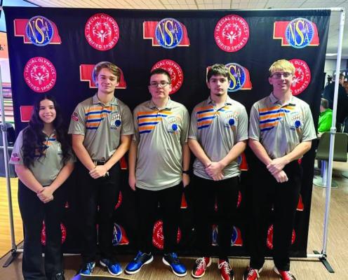 The Cambridge-Arapahoe unified bowling team earned a wild card seat for the State meet on Monday, December 9 where they were later beat by Columbus Lakeview who went on to become State Runner-Up. Pictured L to R are: Lauren Moore, Arapahoe; Lael Rathbun, Arapahoe; Kenny Allen, Cambridge; ; Sean Polly, Cambridge; Gavin Gunderson, Cambridge.