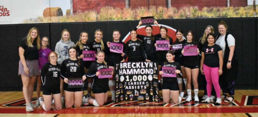 The Southern Valley volleyball team helped Brecklyn Hammond celebrate 1,000 career assists, a mark she reached during Thursday’s victory at Cozad.
