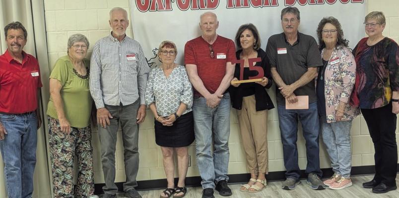 Gathering for their 50th reunion was the Oxford Class of 1975 (L-R) Ray Gibb, Kathryn (Miller) Marks, Doug Trenchard, Kathy (Covey) Barnes, Ron Samples, Bernie (Bunnel) Quinn, Chuck Marty, Candy (McGee) Gibson and Rose (Cowan) Fryda