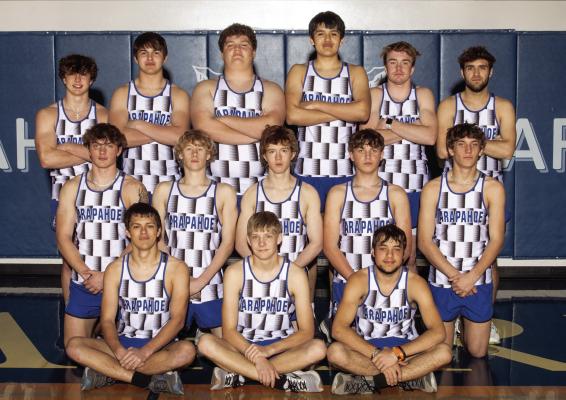The 2024 Boys Arapahoe Track team athletes are front row (l-r) Titus Goshert, Corbin Carpenter and Brandon Rascon-Salinas. 2nd row: (l-r) Will Cacy, Jordan Holstein, Thomas Magorian, Hudson Sich, Hayden Sich. 3rd row (l-r) Grayson Killer, Trey Downey, Jacen Smith, Andres Castro Valdez, Trenton Roskop and Carl Nordine. Not pictured is Kade Fisher.