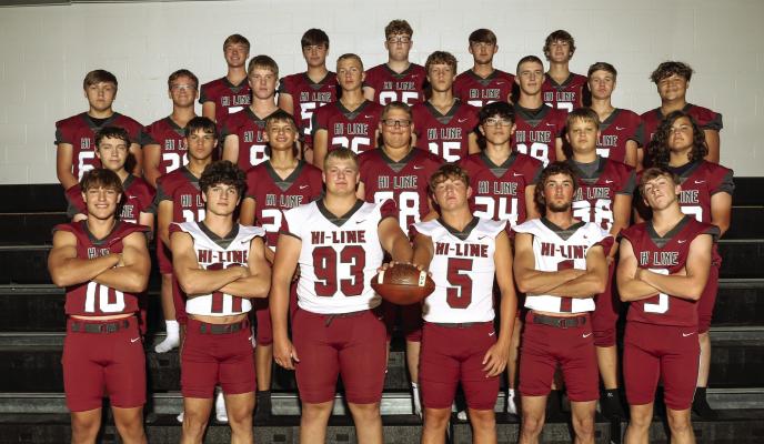 Members of the Hi-Line Football Team are pictured as follows, front row from left: Asher Hecox, Ryker Evans, Drew Knoerzer, Bryce Reiners, Wryston Brell, Judah Niemeier 2nd Row: Noah Schwarz, Chase Beitler, Bladen Williams, Grady Puls, Jakob Redwine, Karter Tilson, Luqas Bjorklund 3rd Row: Quinten Viter, Simon Scharf, Ethan Oberg, Kane Cochrane, Parker Schutz, Noah Rand, Cooper Knackstedt, Tucker Viter Back Row: Brody Diefenbaugh, Ryan Oberg, Hunter Kugler, Kory Hort, Grady Schutz