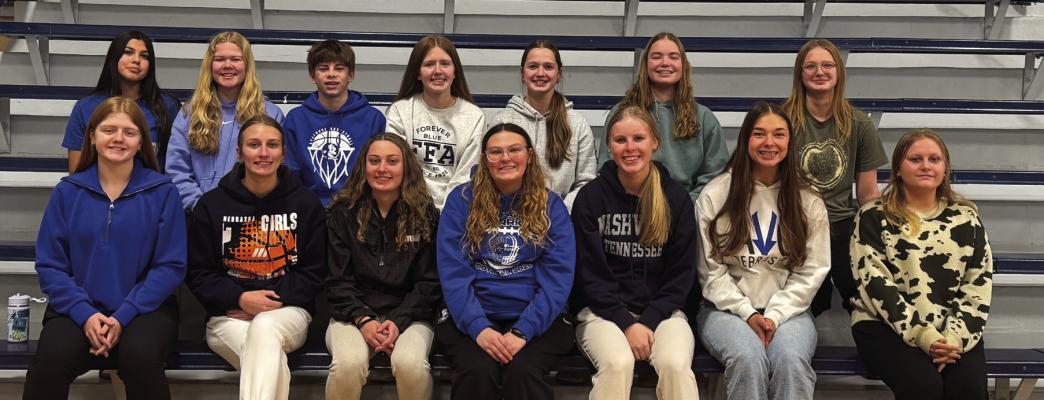 9th - 12th Grade Merit Honor Roll for 2nd Quarter: Front Row: Front Row: Clara Hilker, Desi Farner, Grace Andrews, Isabelle Roberts, Emma Strand, Cydney Carlson, Macala Franssen Back Row: Brionna Tracy, Alaina Leising, Zachary Einspahr, Meg Hilker, Amelia Blickenstaff, Taytum Roskop, Carli Rathbun. Not pictured: Lauren Moore, MaKenna Schrock, Brooke Wendland, Briana Lentz.