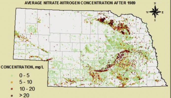 The darker portions of this map indicate areas where nitrate levels exceed 10 parts per million, the level of health concern in drinking water. (Courtesy of the University of Nebraska-Lincoln Institute of Agriculture and Natural Resources)