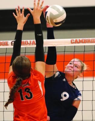 Southwest’s Annika Nelms crushes a kill (above) while temmate Caitlyn Adams (bottom right) and Cambridge’s Kolbrynn Clason (bottom left) pass to teammates.