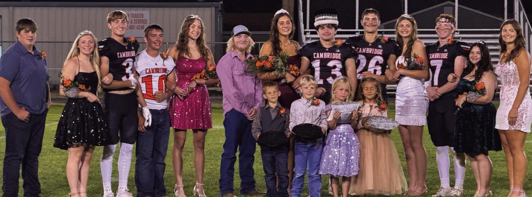 The Cambridge Homecoming Court is pictured from left: junior attendant Tate Cobb, Aspen Webb, Hodge Raburn, Maverick Webb, Jensyn Weiss, 2024 Homecoming King Charlie Houser, 2025 Homecoming Queen Mallory Springer, 2025 Homecoming King Sean Polly, Colton Perks, Annabelle Taylor, Micah Gerlach, Gianna Juliano, Junior Attendant Elisabeth Kubik. Crownbearers were Nolan Harding, Leonard Sayer, Lincoln Johnson, Collins Kulwicki.