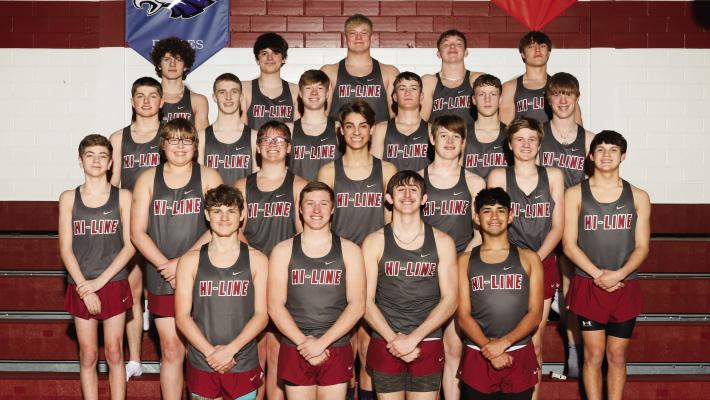 Members of the Hi-Line Boys Track team are: Front Row L-R: Trestin Bowman, Colton Stubbs, Kaden Clouse, Isaiah Bullis. Second Row L-R: Connor Edwards, Grady Puls, Simon Scharf, Christian Maurer, Aidan Schutts, Cooper Knackstedt, Chase Beitler. Third Row L-R: Treyton Evans, Noah Rand, Brody Diefenbaugh, Grady Schutz, Parker Schutz, Ethan Oberg. Fourth Row L-R: Ryker Evans, Ryan Oberg, Drew Knoerzer, Bryce Reiners, Asher Hecox