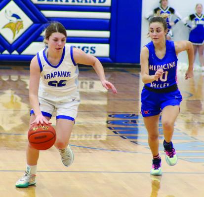 Arapahoe’s Berkley Warner pushes the floor in transition.
