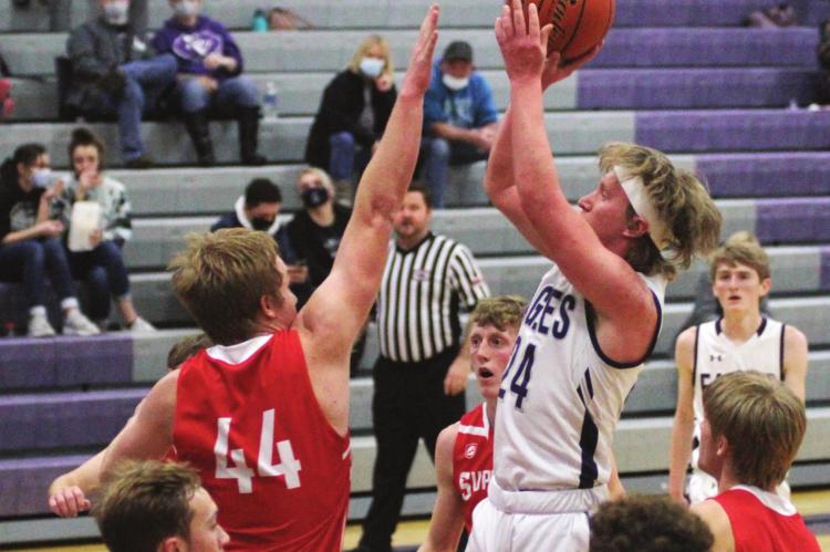 Southern Valley’s Isaak McPhillamy rises for a jumper in the lane against Superior.