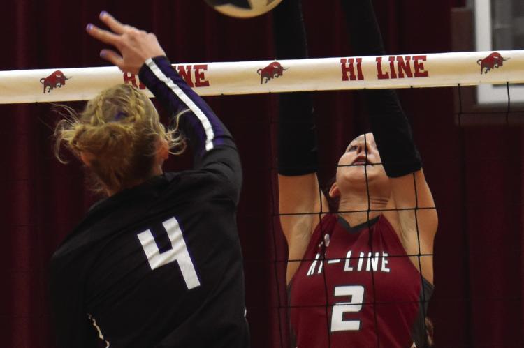 Hi-Line’s Lauryn Ruda blocks back an attack from Southern Valley’s Haisley McQuiston.