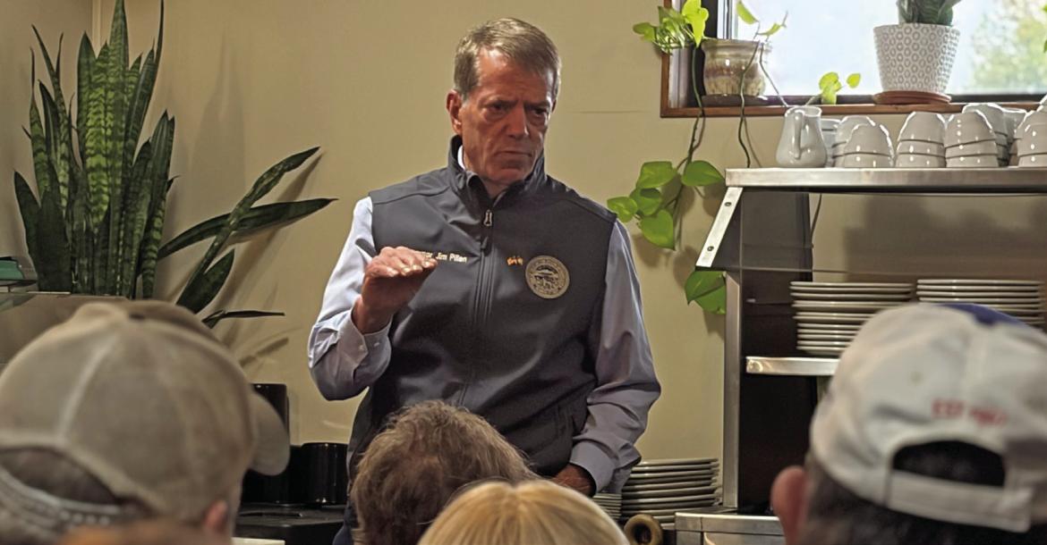 Nebraska Governor Jim Pillen addressed a crowd at Lee’s Crossroads Cafe in Arapahoe Tuesday.