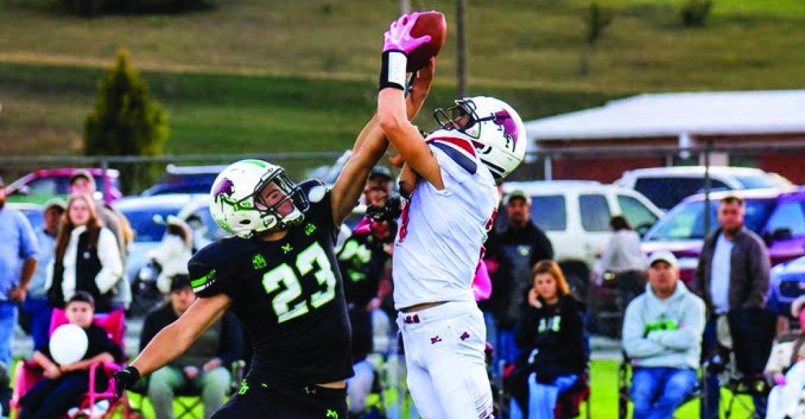 Maywood/Hayes Center’s Leo Anders and Hi-Line’s Lucas Cochrane battle for a ball in the center of the field.
