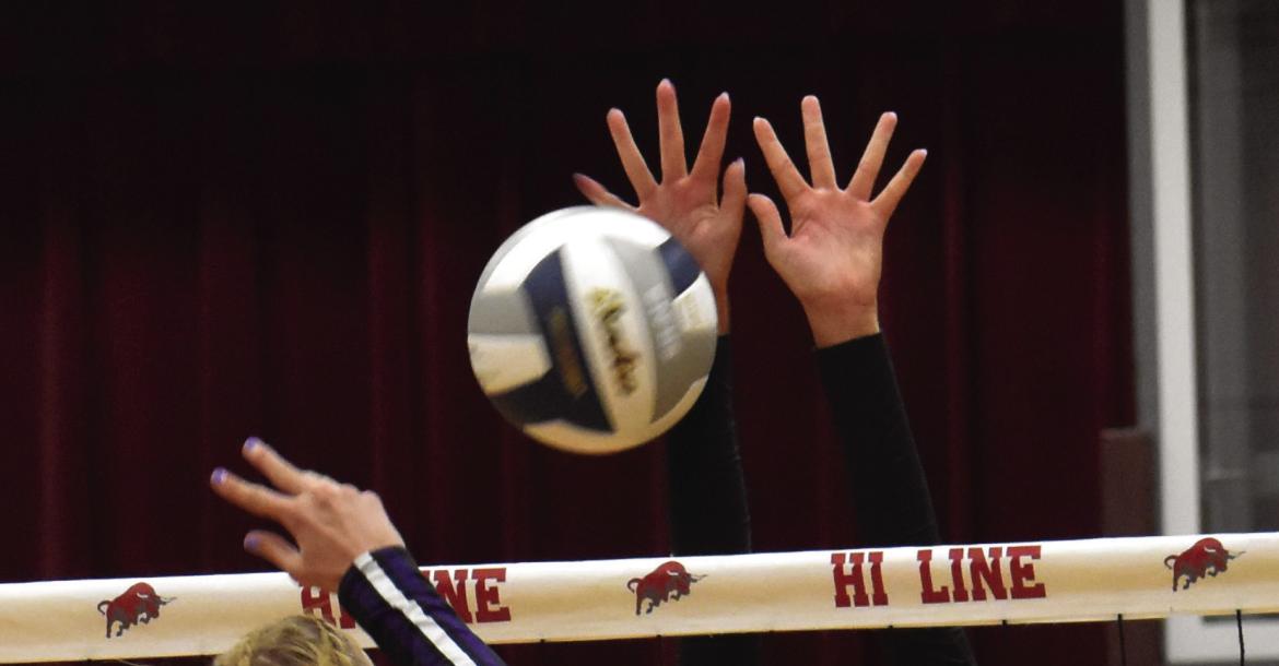 Hi-Line’s Lauryn Ruda blocks back an attack from Southern Valley’s Haisley McQuiston.